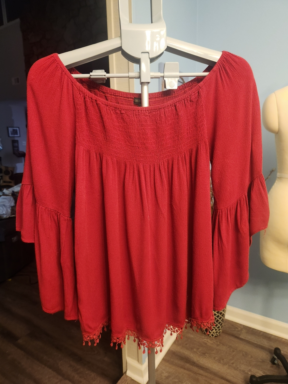 Coco + Carmen Red Off-Shoulder Peasant Top with Tassel Trim